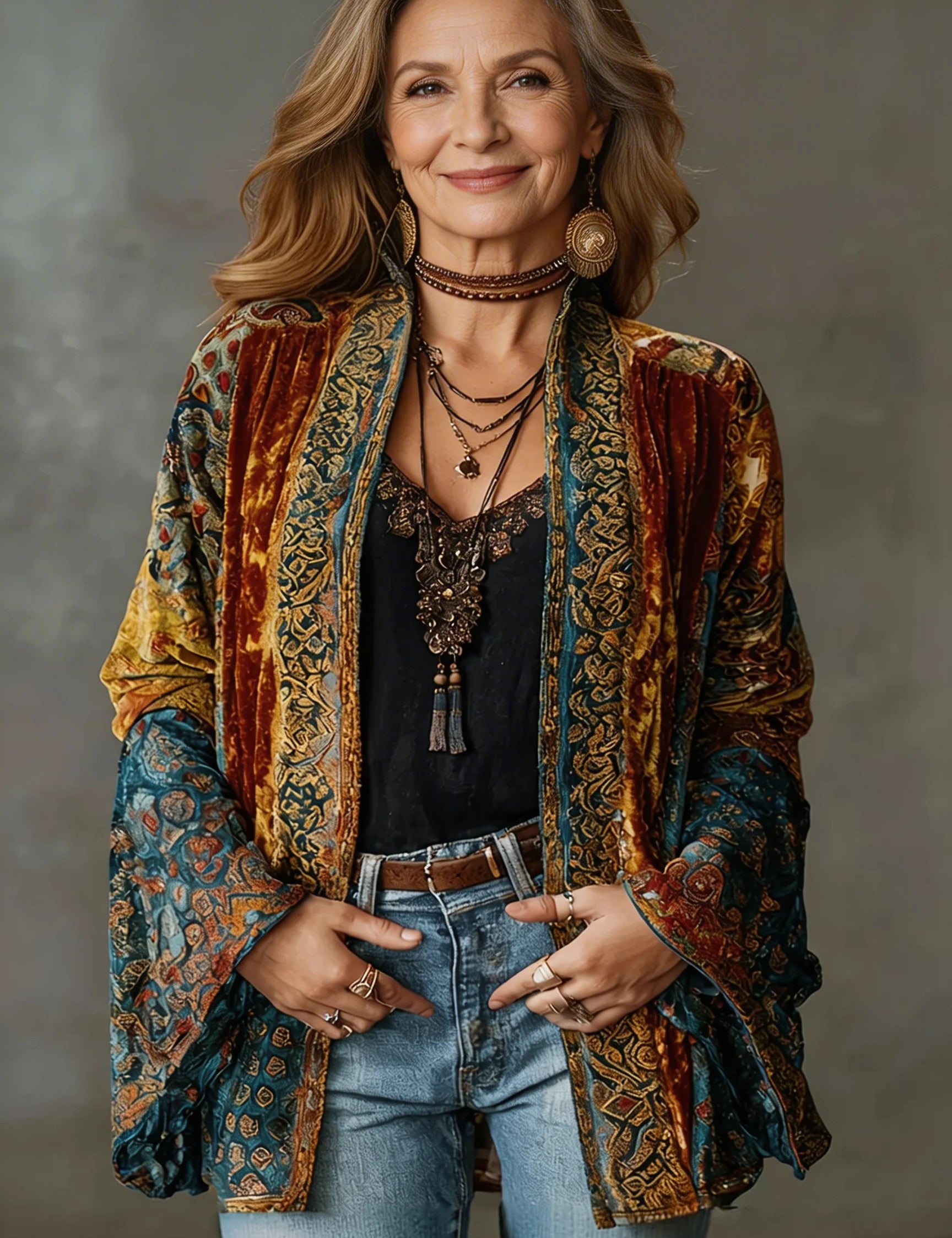 Women's velour-look kimono jacket with paisley print
