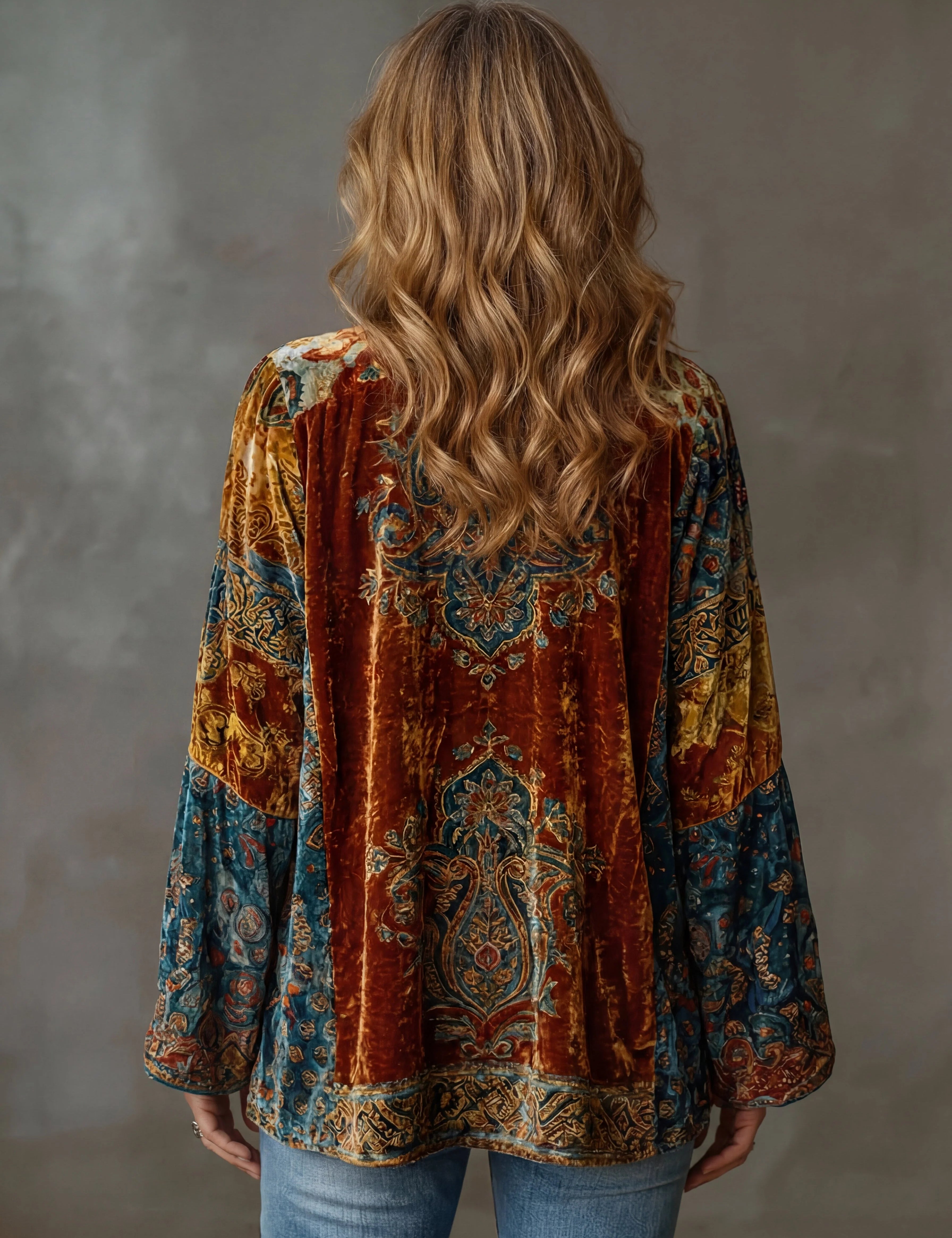 Women's velour-look kimono jacket with paisley print