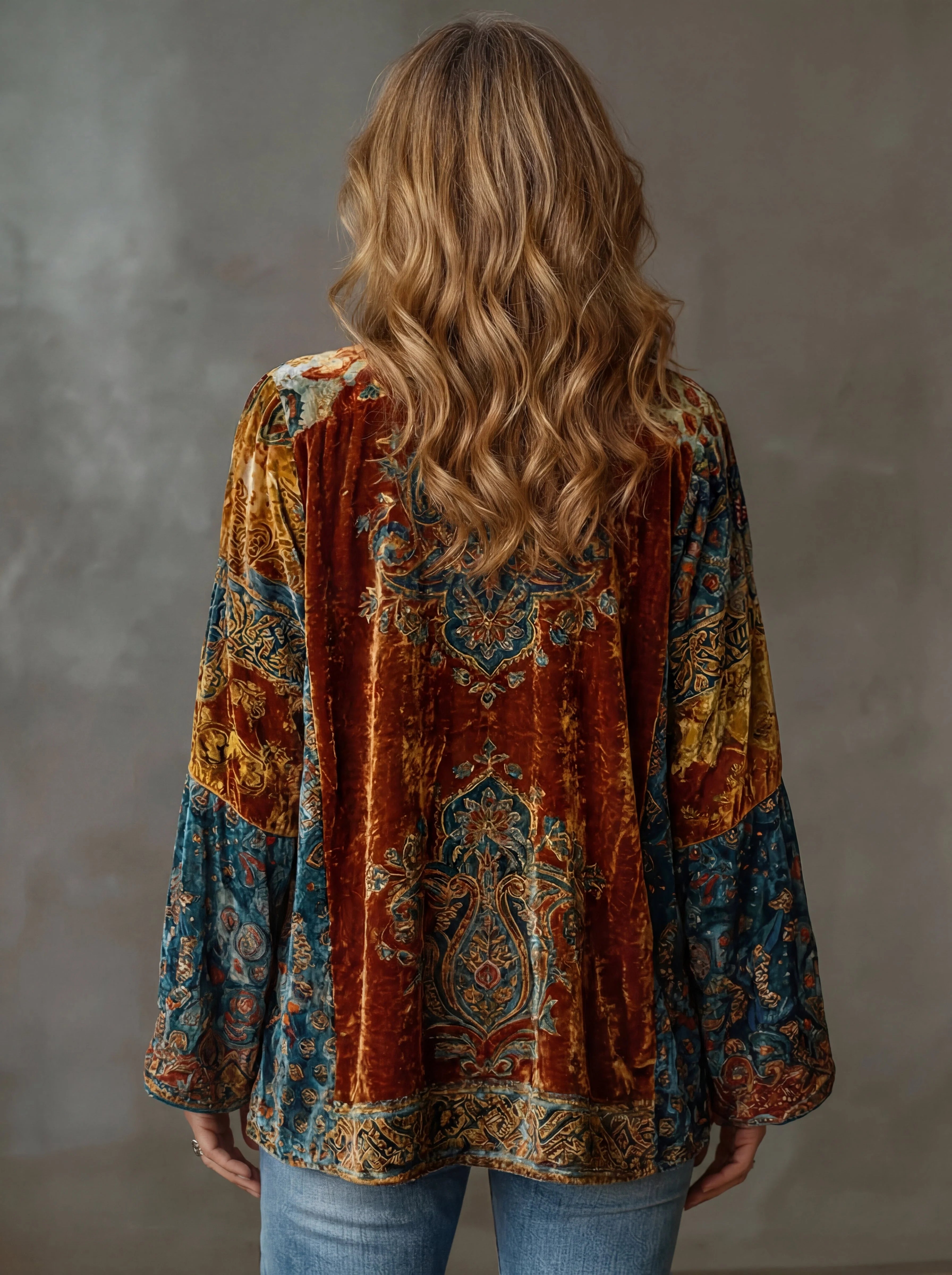 Women's velour-look kimono jacket with paisley print