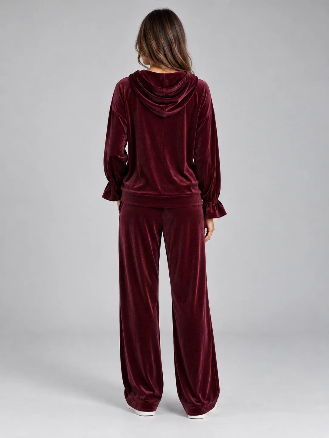 Women's velvet-look co-ord set with hood and wide leg trousers