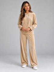 Women's velvet-look co-ord set with hood and wide leg trousers in beige