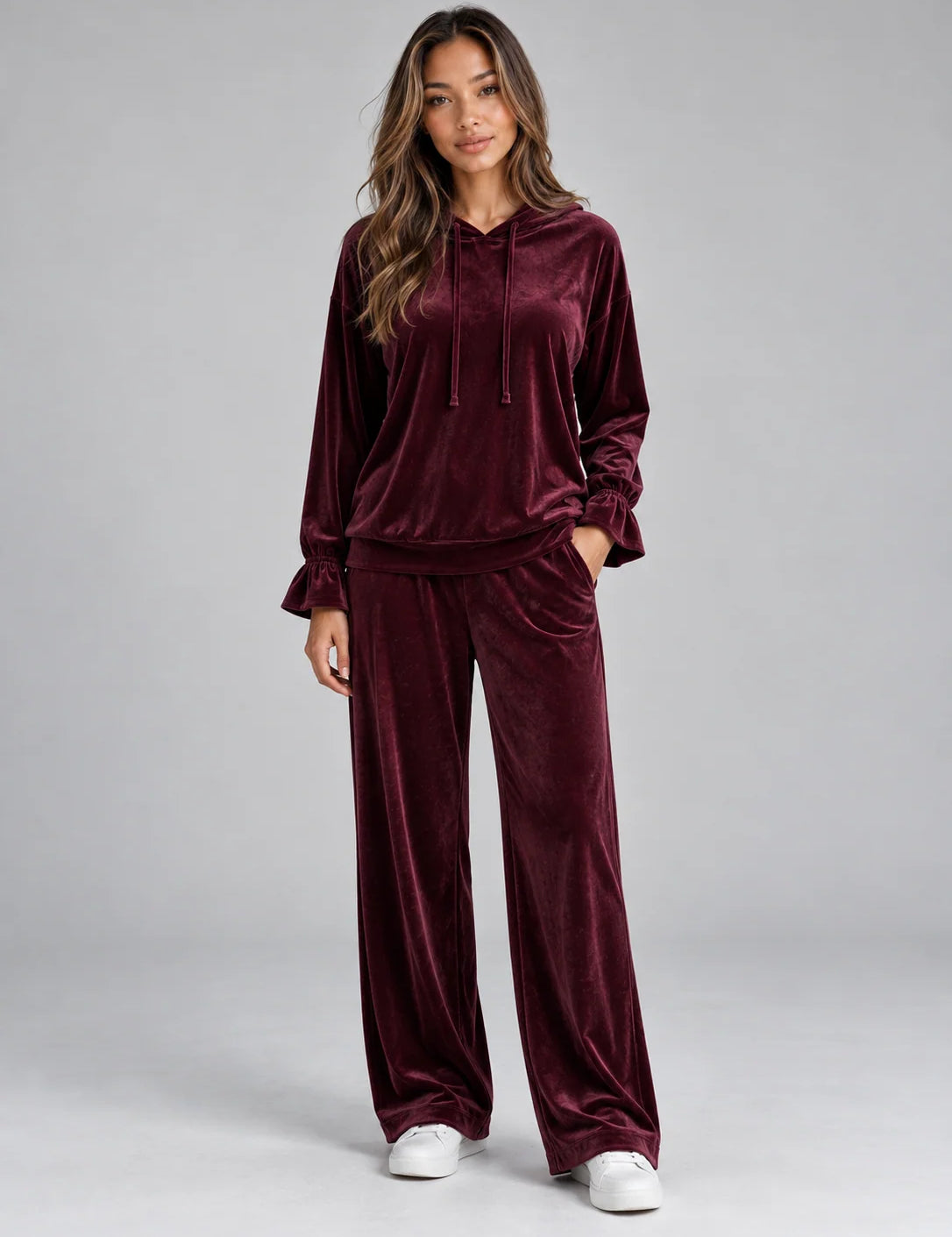 Women's velvet-look co-ord set with hood and wide leg trousers in burgundy