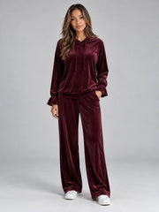 Velvet-look co-ord set for women with hood and wide leg trousers
