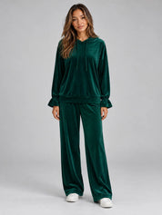 Women's velvet-look co-ord set with hood and wide leg trousers in dark green