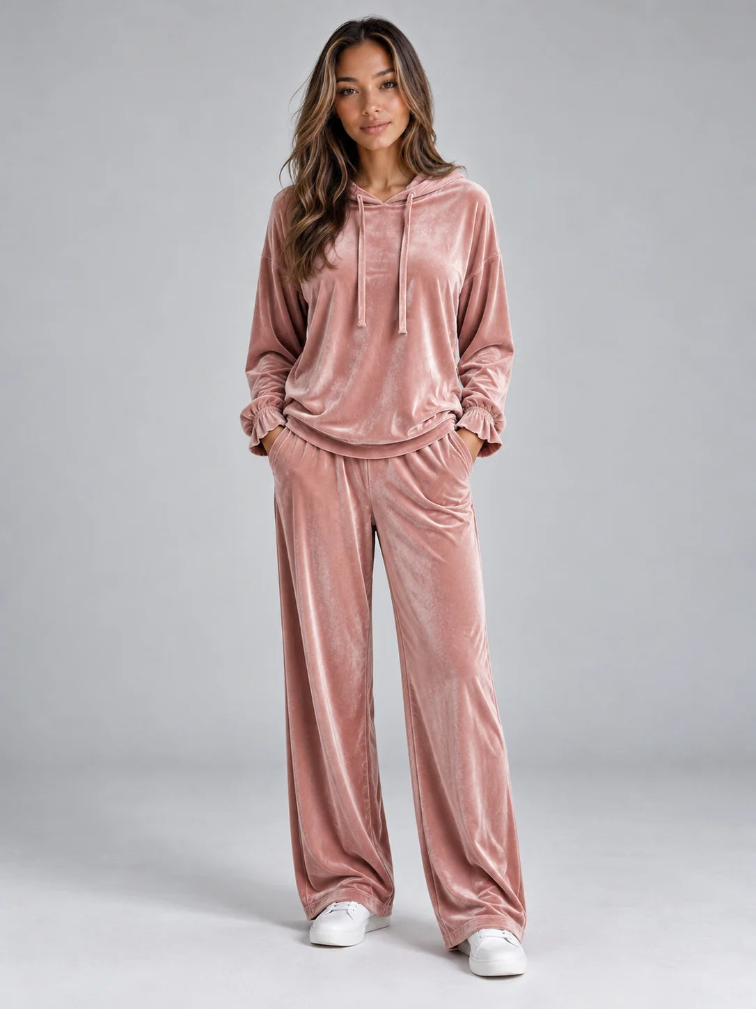 Women's velvet-look co-ord set with hood and wide leg trousers in pink