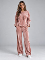 Women's velvet-look co-ord set with hood and wide leg trousers in pink
