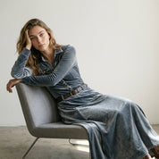 Women's velvet-look maxi dress in blue grey with long sleeves
