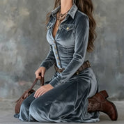 Women's velvet-look maxi dress in blue grey with long sleeves