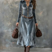 Women's velvet-look maxi dress in blue grey with long sleeves