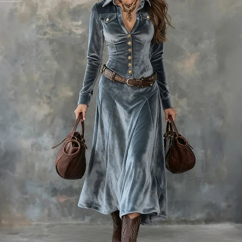 Women's velvet-look maxi dress in blue grey with long sleeves