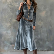 Women's velvet-look maxi dress in blue grey with long sleeves