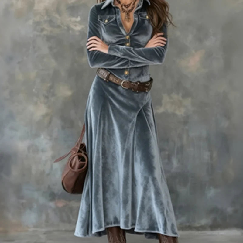 Women's velvet-look maxi dress in blue grey with long sleeves