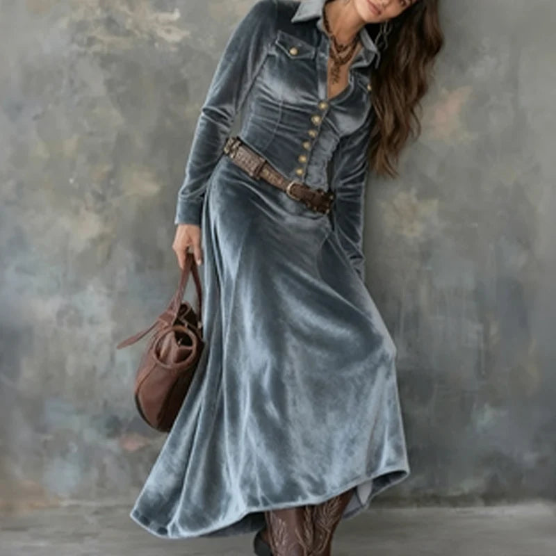 Women's velvet-look maxi dress in blue grey with long sleeves