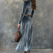 Women's velvet-look maxi dress in blue grey with long sleeves