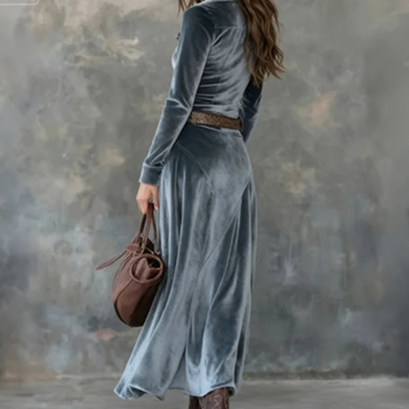 Women's velvet-look maxi dress in blue grey with long sleeves