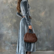 Women's velvet-look maxi dress in blue grey with long sleeves
