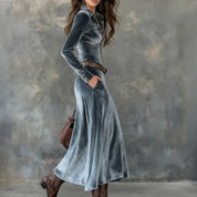 Women's velvet-look maxi dress in blue grey with long sleeves