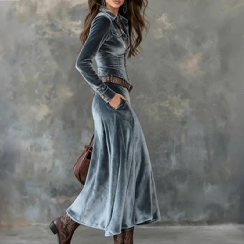 Women's velvet-look maxi dress in blue grey with long sleeves