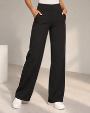Women's wide leg stretch trousers with high elastic waist in black