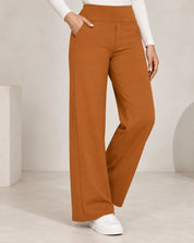 Women's wide leg stretch trousers with high elastic waist in brown
