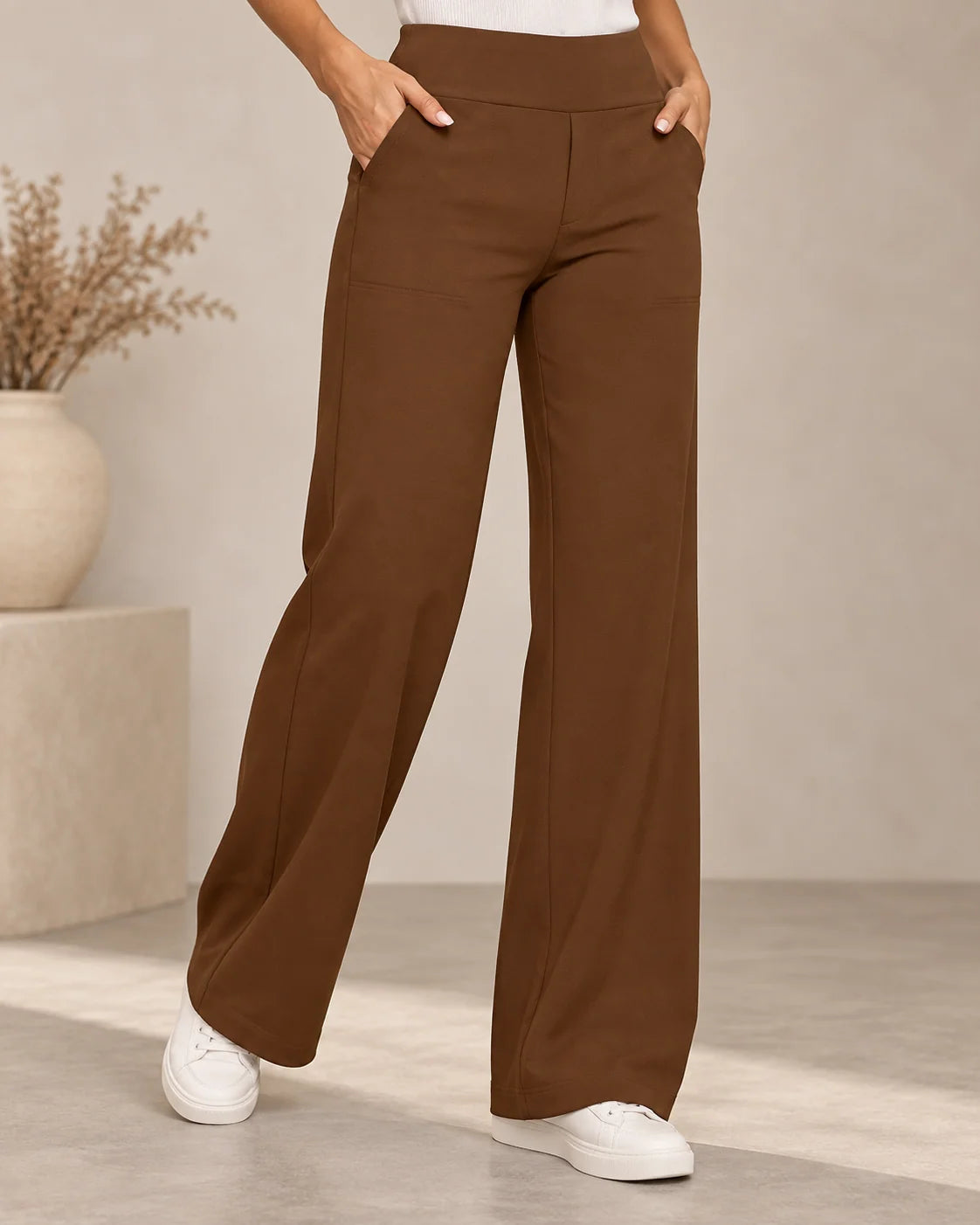 Women's wide leg stretch trousers with high elastic waist in camel