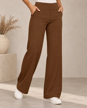 Women's wide leg stretch trousers with high elastic waist in camel