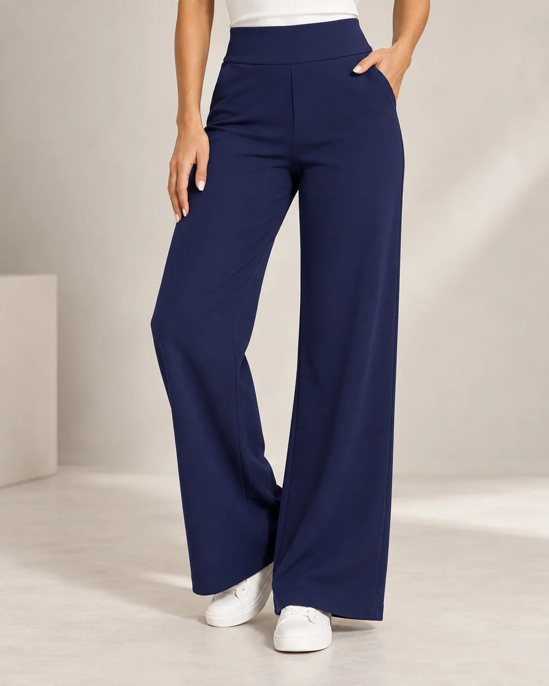 Women's wide leg stretch trousers with high elastic waist in dark blue