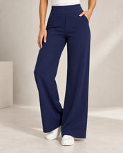 Women's wide leg stretch trousers with high elastic waist in dark blue