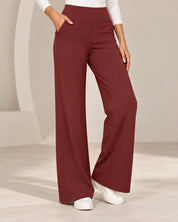 Women's wide leg stretch trousers with high elastic waist in dark red