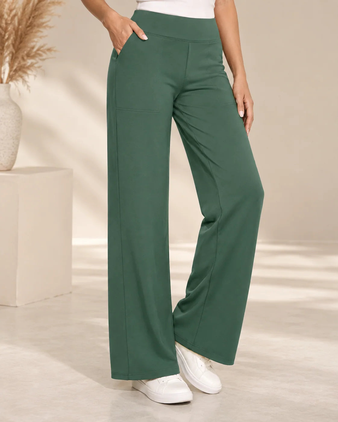 Women's wide leg stretch trousers with high elastic waist in green