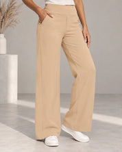 Women's wide leg stretch trousers with high elastic waist in khaki