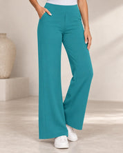 Women's wide leg stretch trousers with high elastic waist in light blue