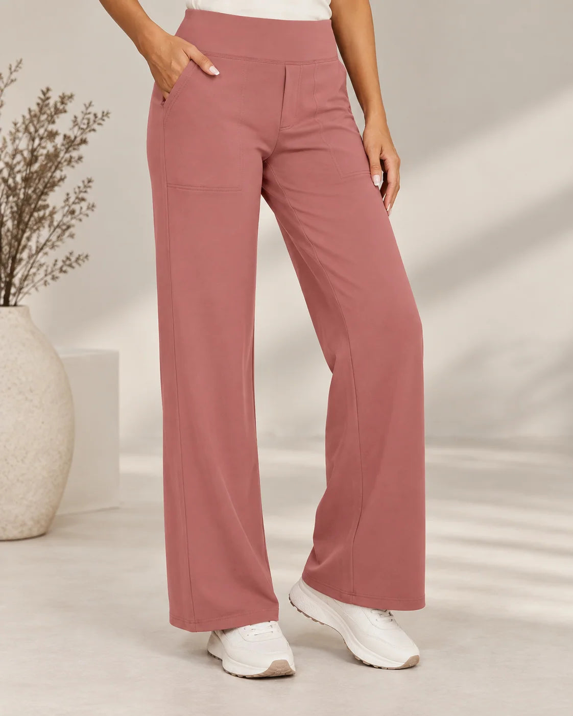 Women's wide leg stretch trousers with high elastic waist in peach