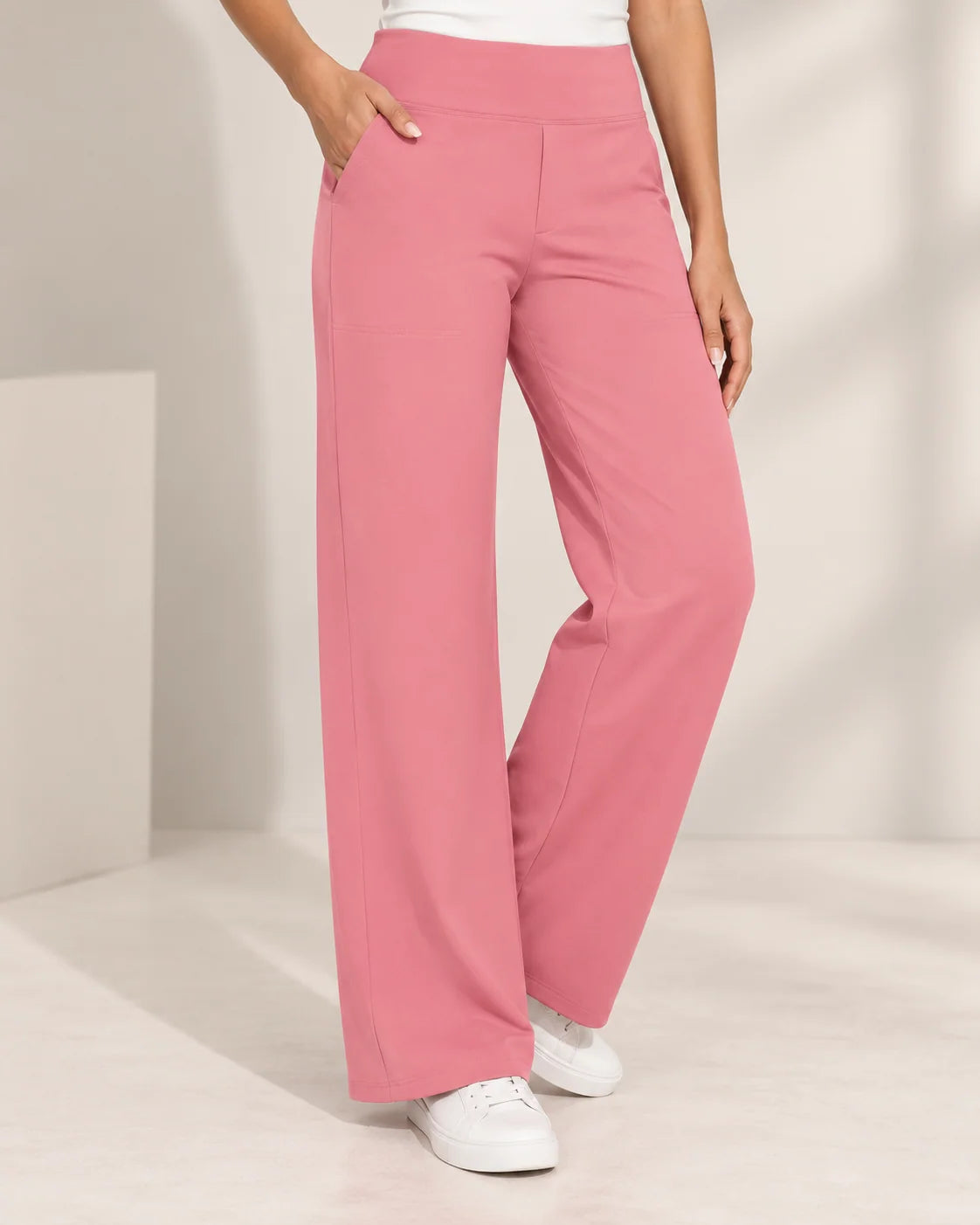 Women's wide leg stretch trousers with high elastic waist in pink