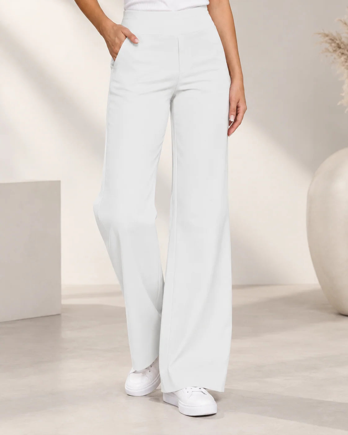 Women's wide leg stretch trousers with high elastic waist in white
