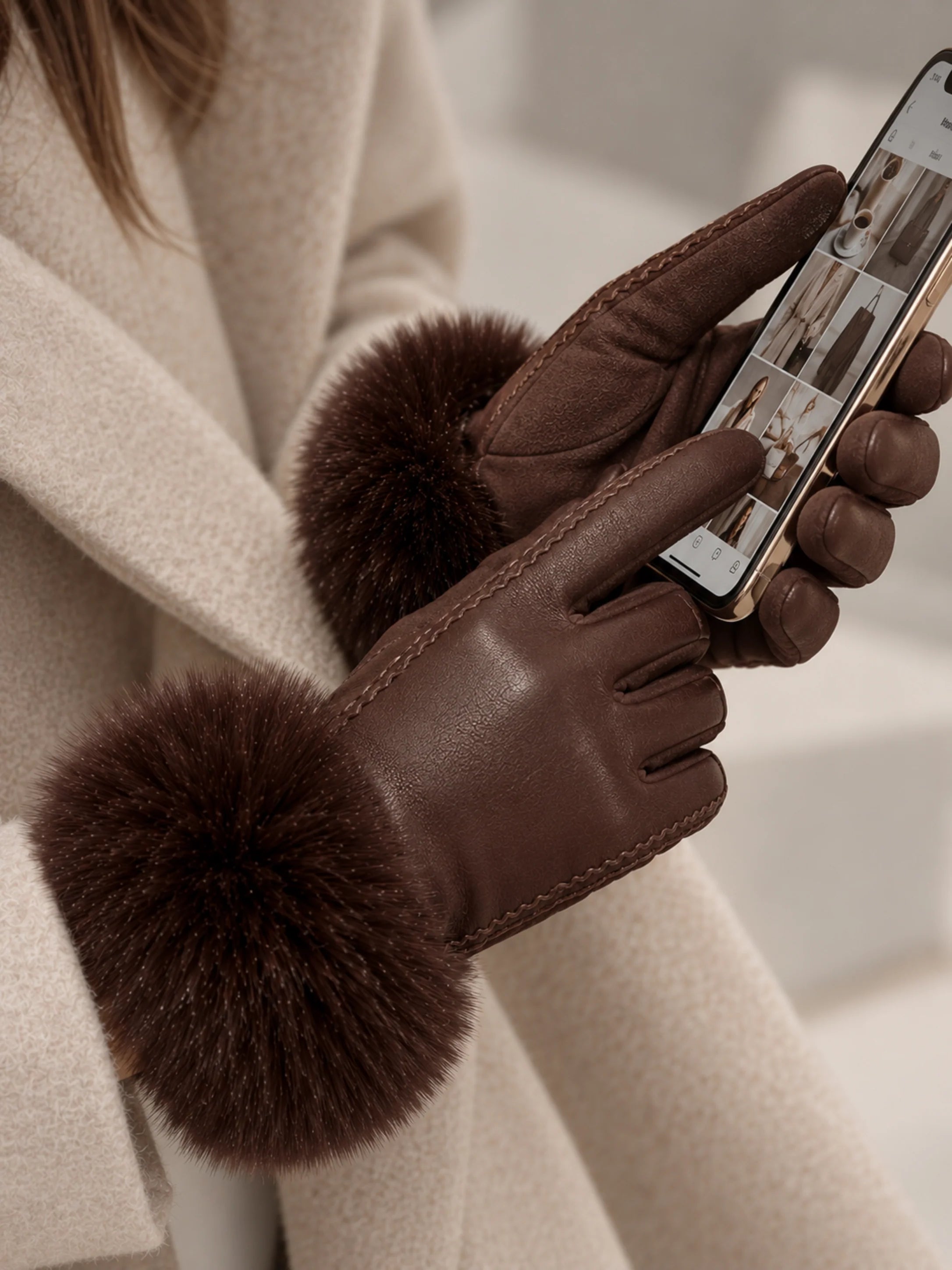Women's winter gloves with faux fur cuffs and touchscreen tips
