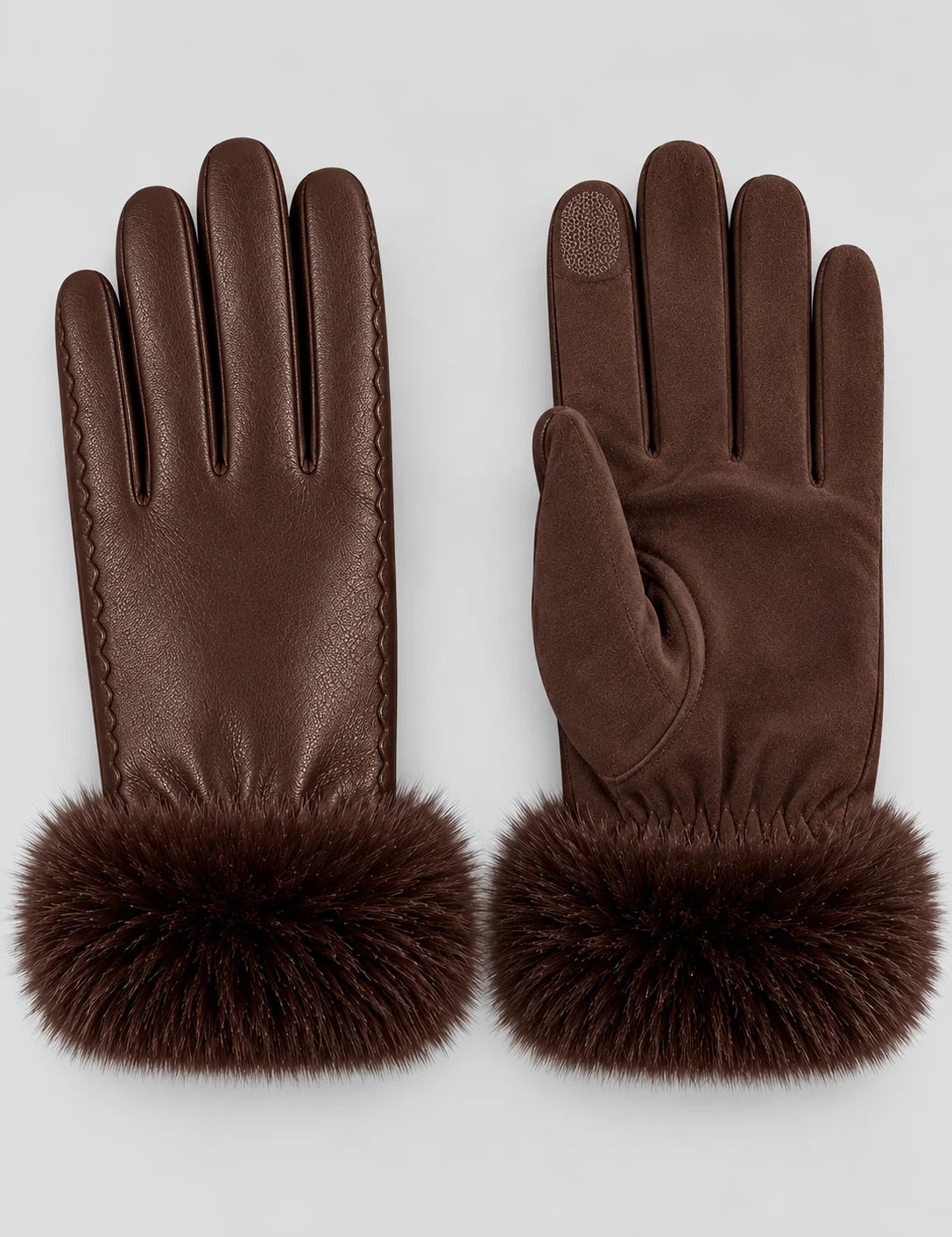 Women's winter gloves with faux fur cuffs and touchscreen tips in brown