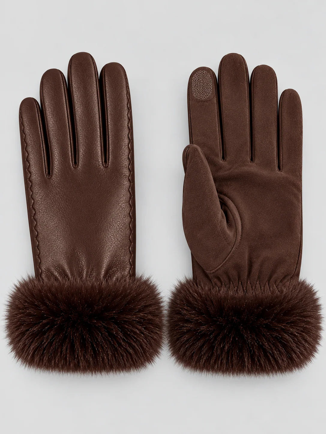 Women's winter gloves with faux fur cuffs and touchscreen tips in brown