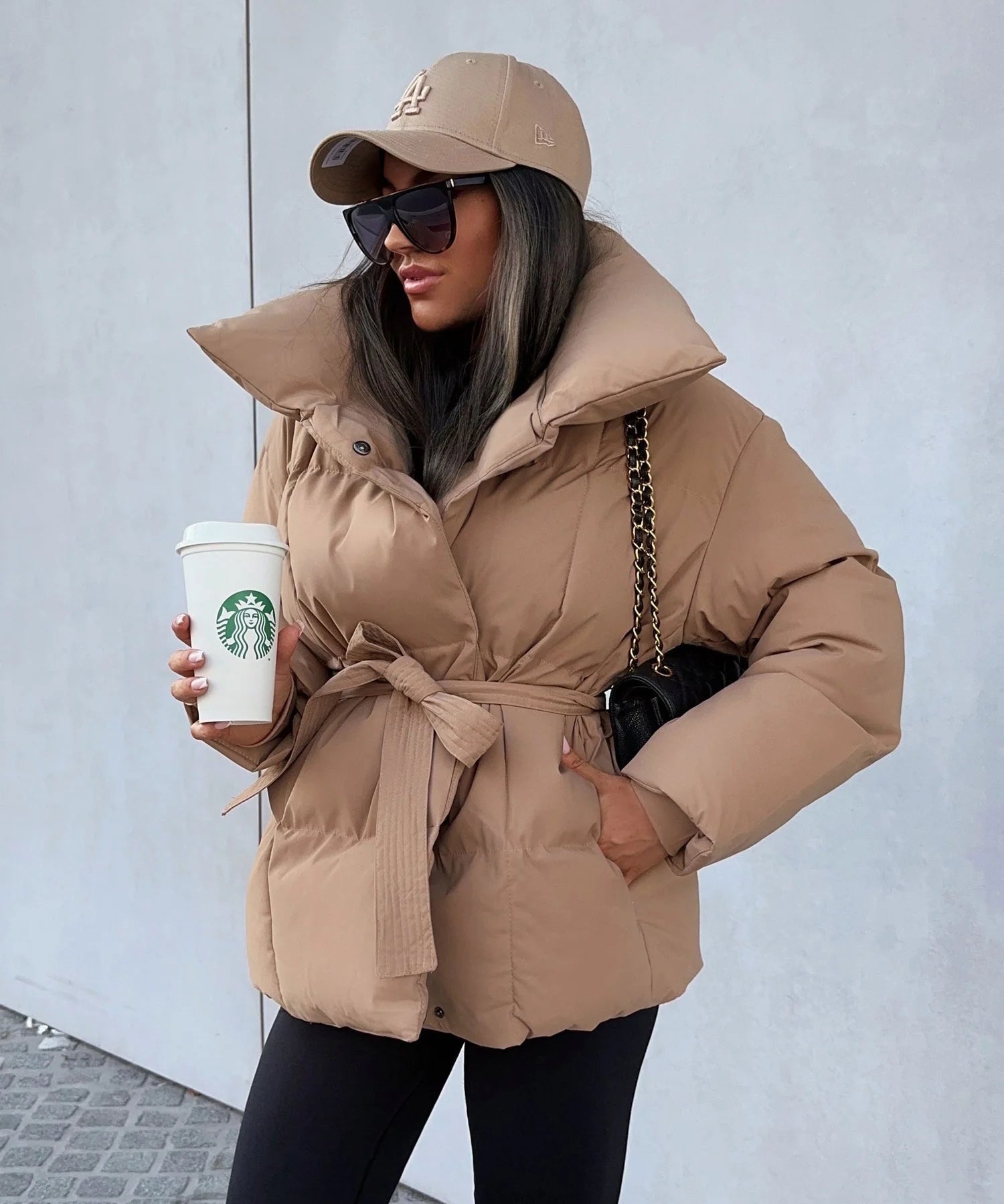 Women's belted puffer jacket with high collar, photo 2