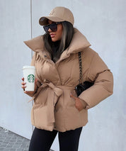 Women's belted puffer jacket with high collar, photo 2