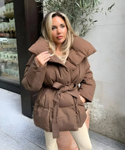 Women's belted puffer jacket with high collar, photo 3