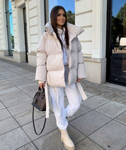 Women's belted puffer jacket with high collar, photo 5