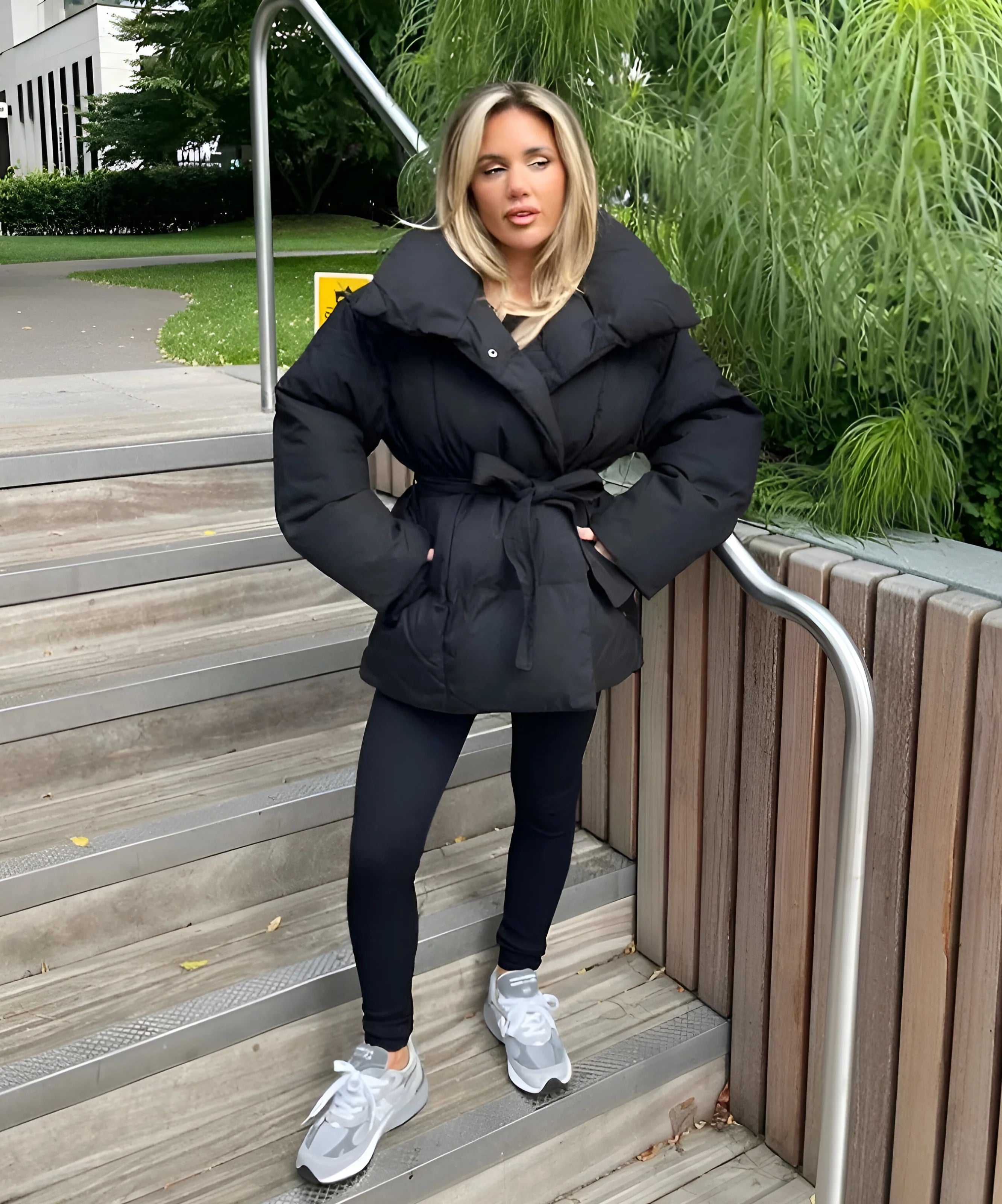 Women's belted puffer jacket with high collar, photo 7