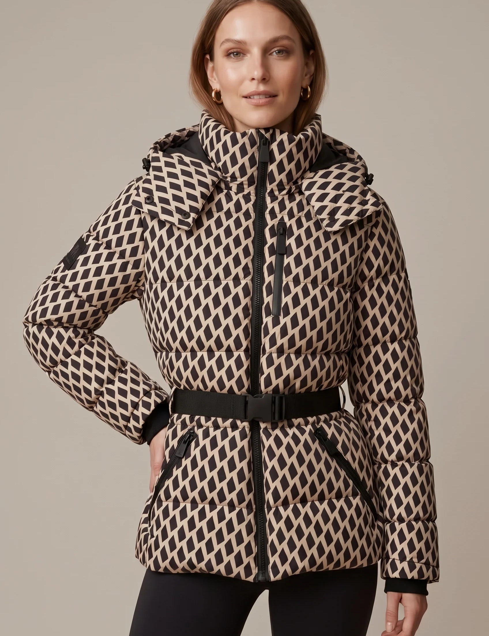 Women's belted puffer jacket with hood, photo 1