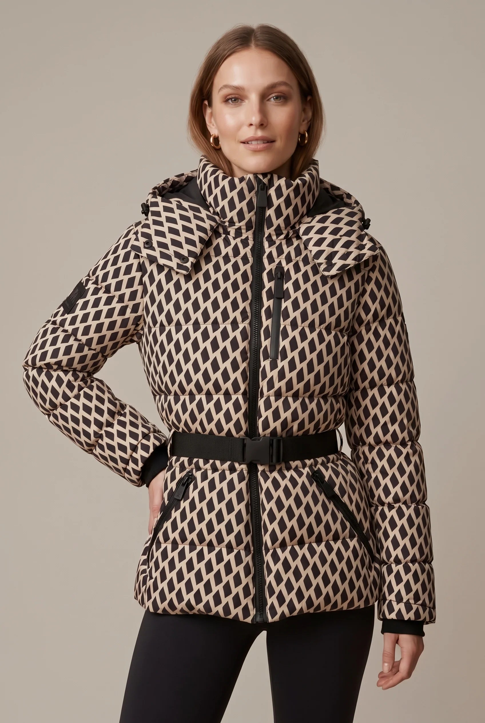 Women's belted puffer jacket with hood, photo 1