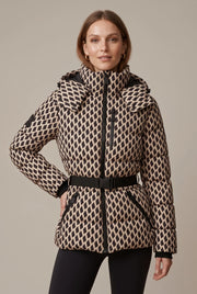 Women's belted puffer jacket with hood
