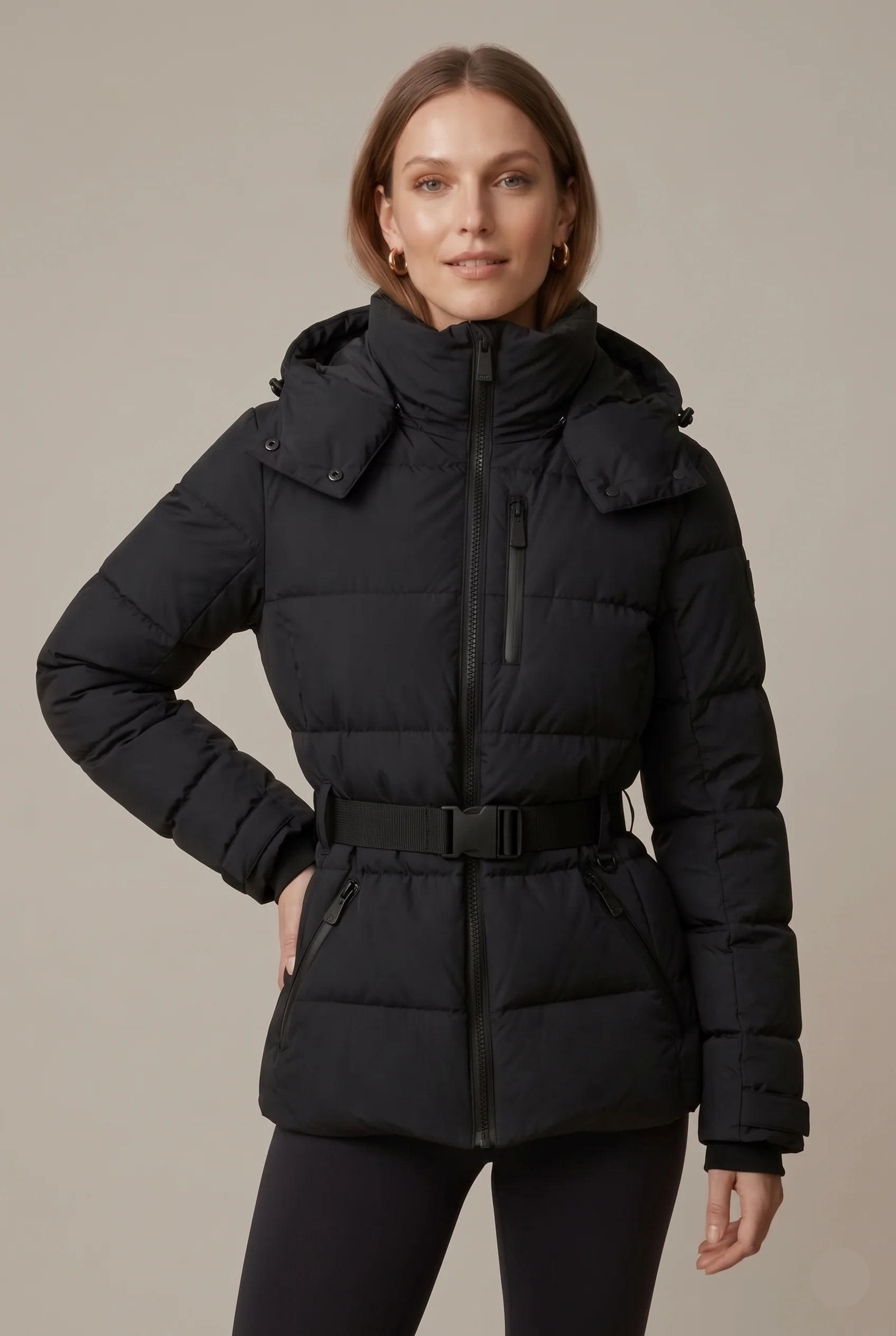 Women's belted puffer jacket with hood, photo 3