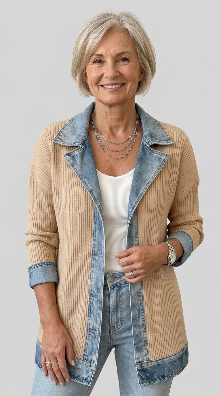 Women's cardigan with denim trim and buttons, photo 15