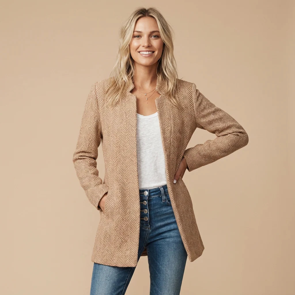 Women's collarless herringbone blazer with open front, photo 1
