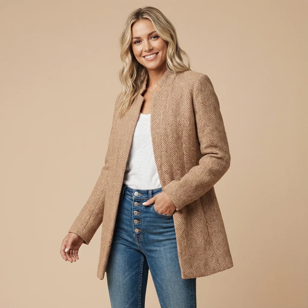 Women's collarless herringbone blazer with open front, photo 2
